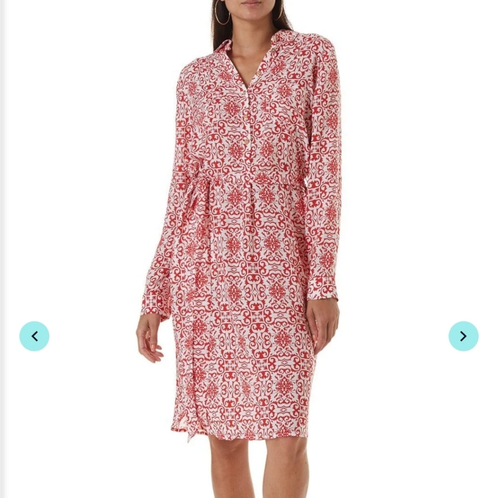 MELISSA ODABASH AMALFI MIDI Patterned Shirt Dress Red L Boho Spell Preppy L